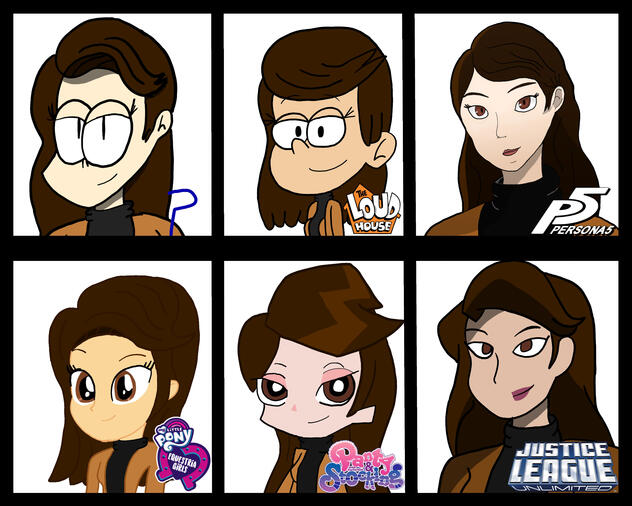 My OC Cara in different art styles (My own style, The Loud House, Persona 5, My Little Pony: Equestria Girls, Panty &amp; Stocking with Garterbelt, Justice League Unlimited)
