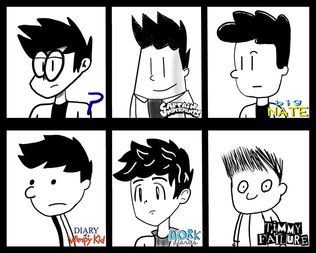 My digital self in different art styles (My own style, Captain Underpants, Big Nate, Diary of a Wimpy Kid, Dork Diaries, Timmy Failure)