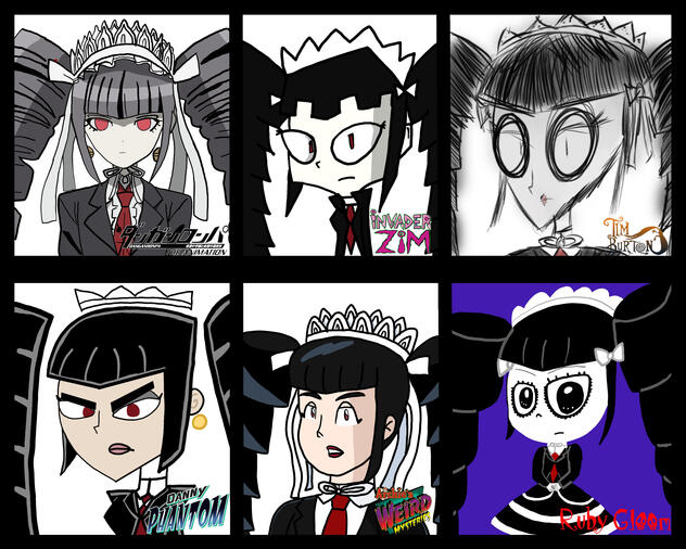 Celestia Ludenberg in different art styles (Danganronpa: The Animation, Invader Zim, Tim Burton, Danny Phantom, Archie's Weird Mysteries, Ruby Gloom)